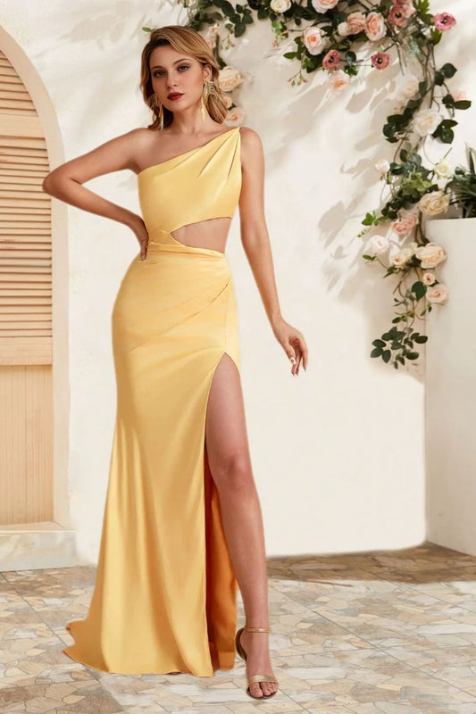 Dressime Simple Mermaid Satin One Shoulder Cutout Slit Long Bridesmaid Dress