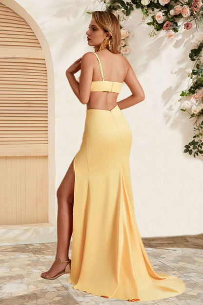 Dressime Simple Mermaid Satin One Shoulder Cutout Slit Long Bridesmaid Dress