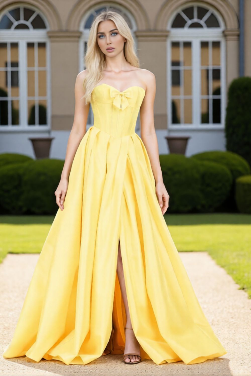 Dressime Sleek A Line Sweetheart Corset Satin Slit Long Prom Dress With Bowknot