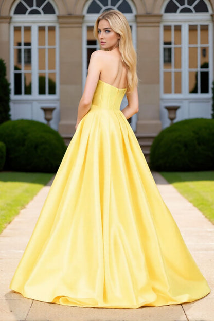 Dressime Sleek A Line Sweetheart Corset Satin Slit Long Prom Dress With Bowknot