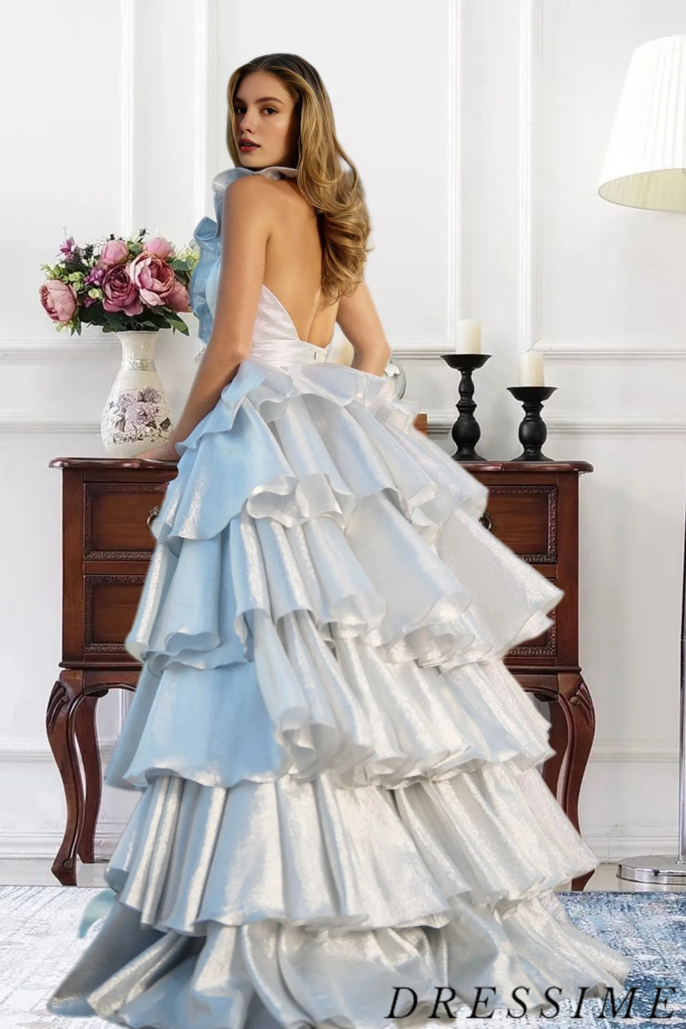 Dressime Women Silver Sparkly A Line Halter Metallic Satin Tiered Long Prom Dress dressime Dressime Women Silver Sparkly A Line Halter Metallic Satin Tiered Long Prom Dress dressime