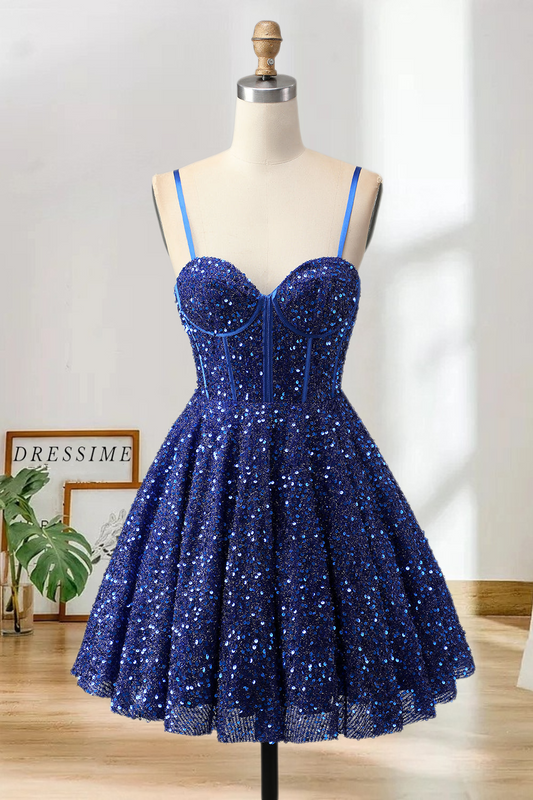 Dressime Sparkly A Line Spaghetti Straps Corset Sequins Mini Cocktail Dress