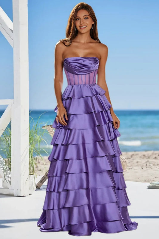 Dressime Sparkly A Line Strapless Corset Long Prom Dress