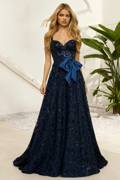 Dressime Sparkly A Line Straps Sequin Lace Corset Bodice Bow Long Prom Dress