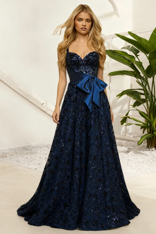 Dressime Sparkly A Line Straps Sequin Lace Corset Bodice Bow Long Prom Dress