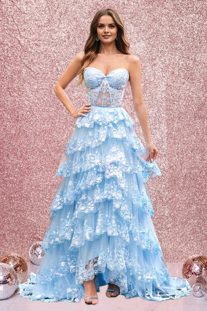 strapless light blue sequin tiered a-line long dress Cute A Line Sky Blue Strapless Ruffle Sequin Lace Prom Dresses Anniebride