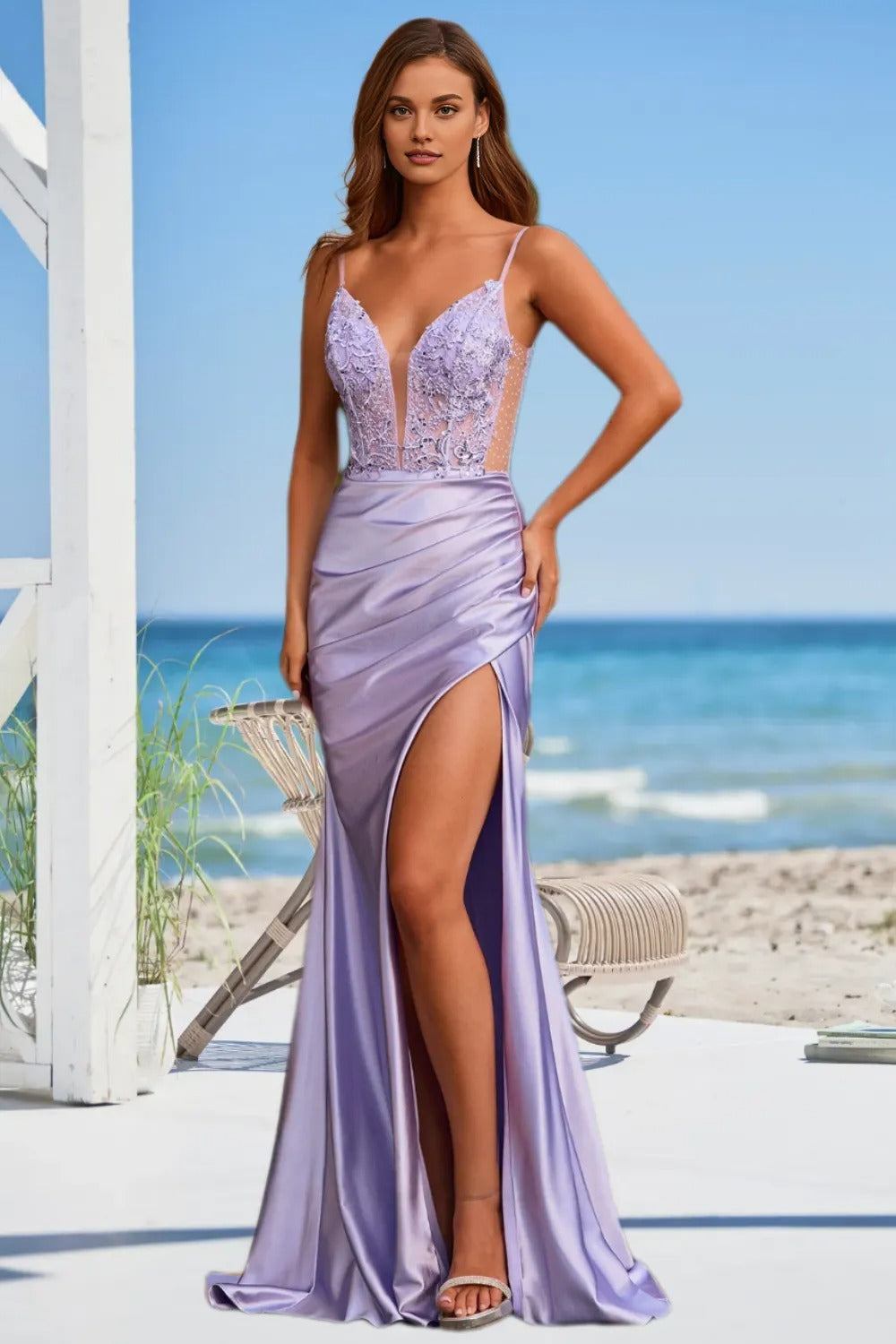 Dressime Sparkly Mermaid Spaghetti Straps Satin Prom Dress With Slit