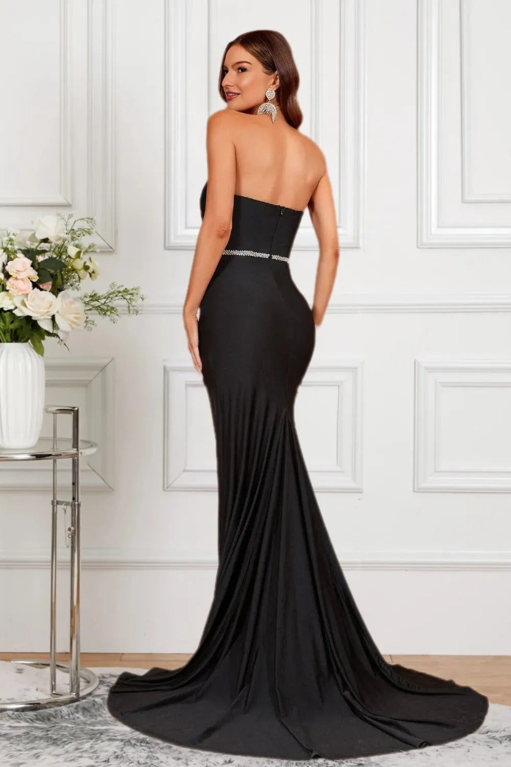 Dressime Women Sparkly Black Formal Dress Mermaid V Neck Satin Slit Party Dress With Beading dressime Dressime Women Sparkly Black Formal Dress Mermaid V Neck Satin Slit Party Dress With Beading dressime