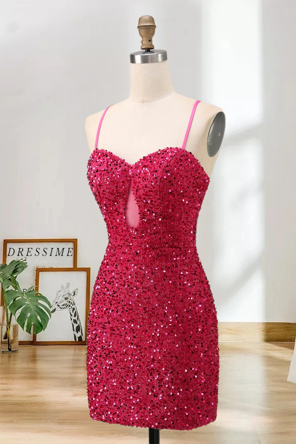 Dressime Sparkly Tight Spaghetti Straps Sequin Mini Cocktail Dress