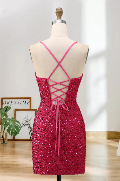 Dressime Sparkly Tight Spaghetti Straps Sequin Mini Cocktail Dress