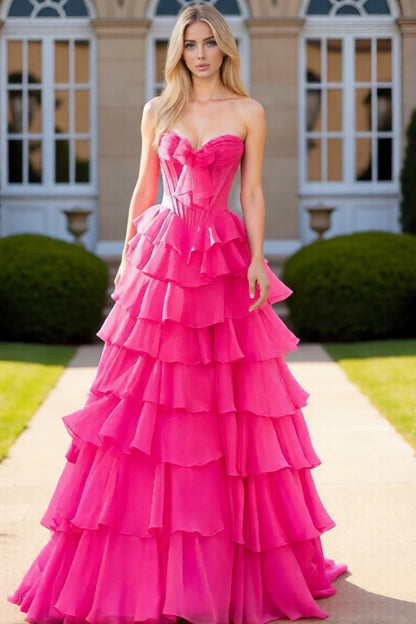 Dressime Stunning A Line Strapless Corset Ruffles Slit Long Tiered Prom Dress With Bow