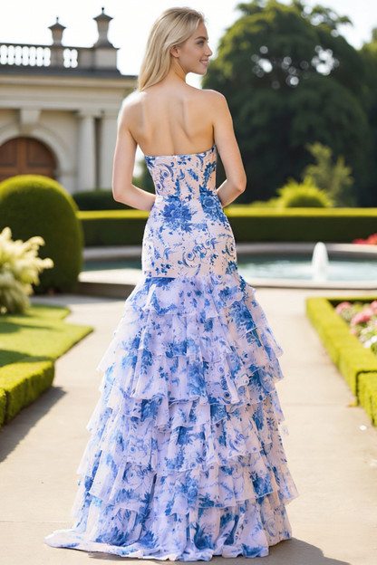 Dressime Stylish Mermaid Strapless Printed Chiffon Ruffle Long Prom Dress With Bow