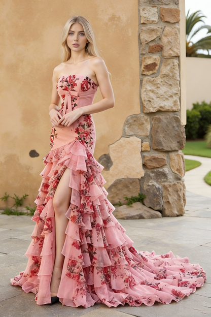 Dressime Stylish Mermaid Strapless Printed Chiffon Ruffle Long Prom Dress With Bow