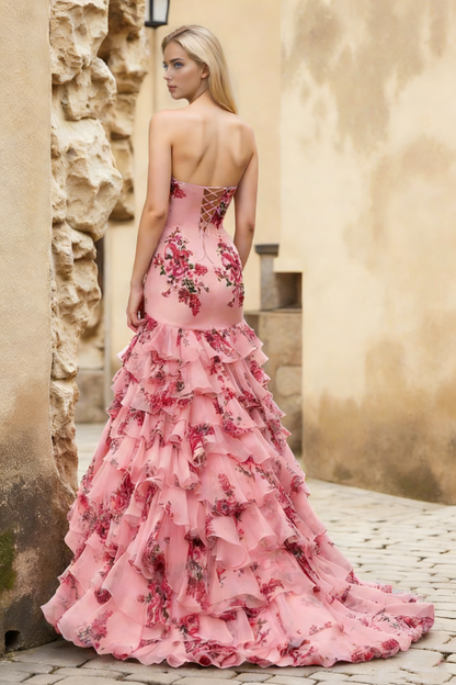 Dressime Stylish Mermaid Strapless Printed Chiffon Ruffle Long Prom Dress With Bow