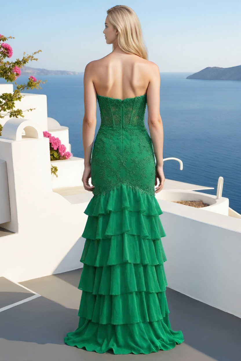 Dressime Stylish Mermaid Sweetheart Coeset Appliques Long Tiered Prom Dress With Ruffles