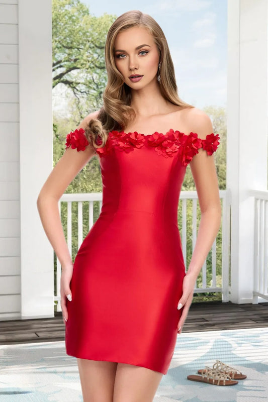 Dressime Tight Off The Shouder Flowers Satin Mini Homecoming Dress