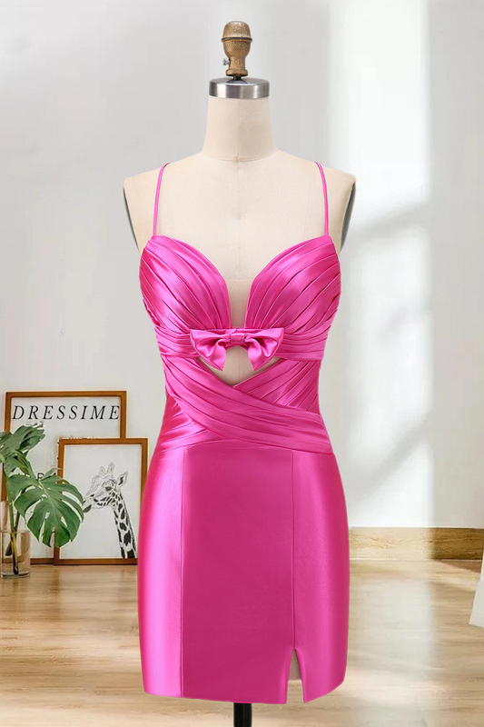 Dressime Tight Spaghetti Straps Keyhole Bow Satin Mini Cocktail Dress