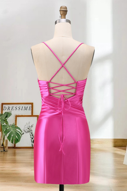 Dressime Tight Spaghetti Straps Keyhole Bow Satin Mini Cocktail Dress