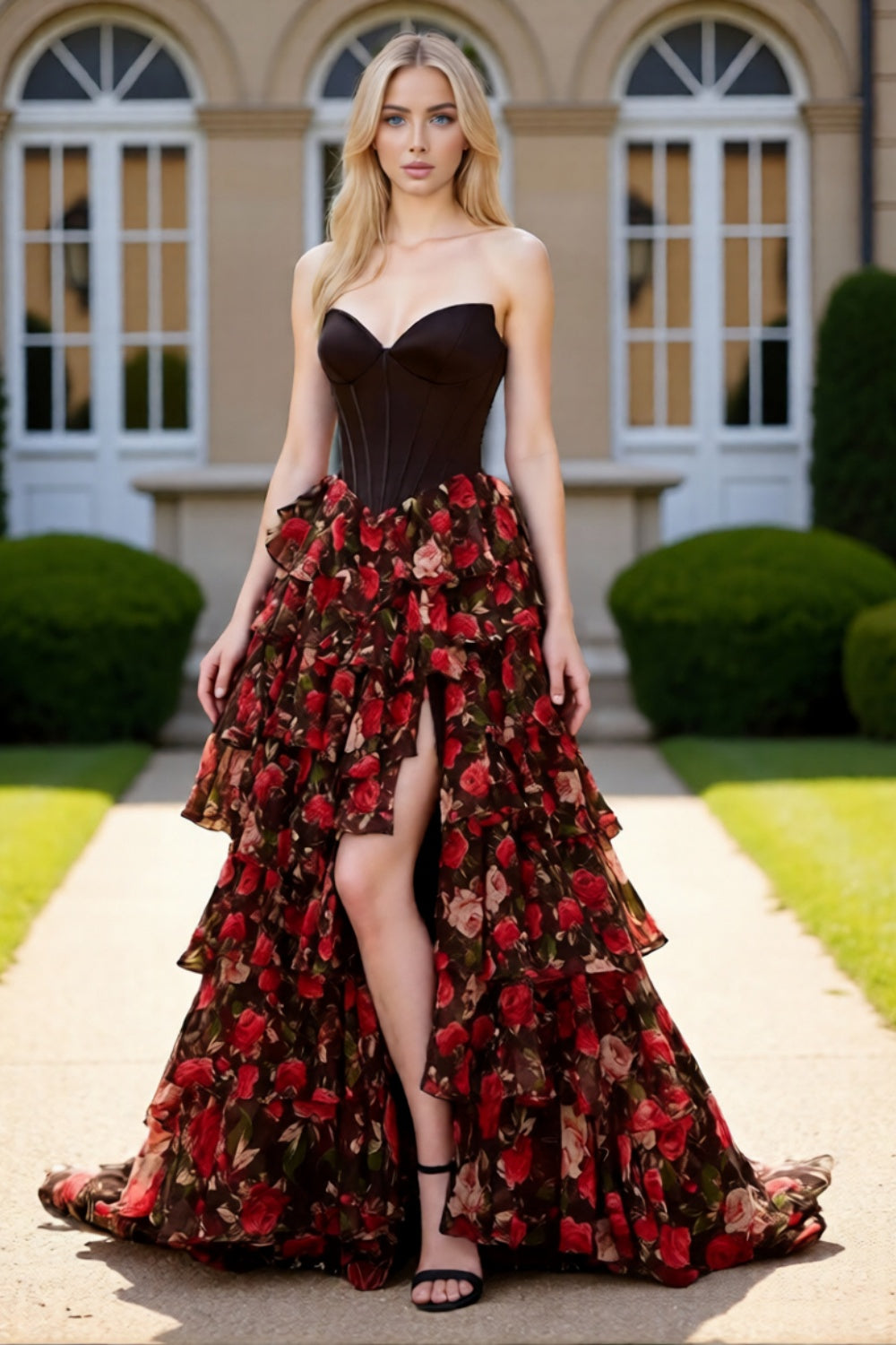 Dressime Trendy A Line Strapless Corset Floral Printed Long Tiered Prom Dress With Slit