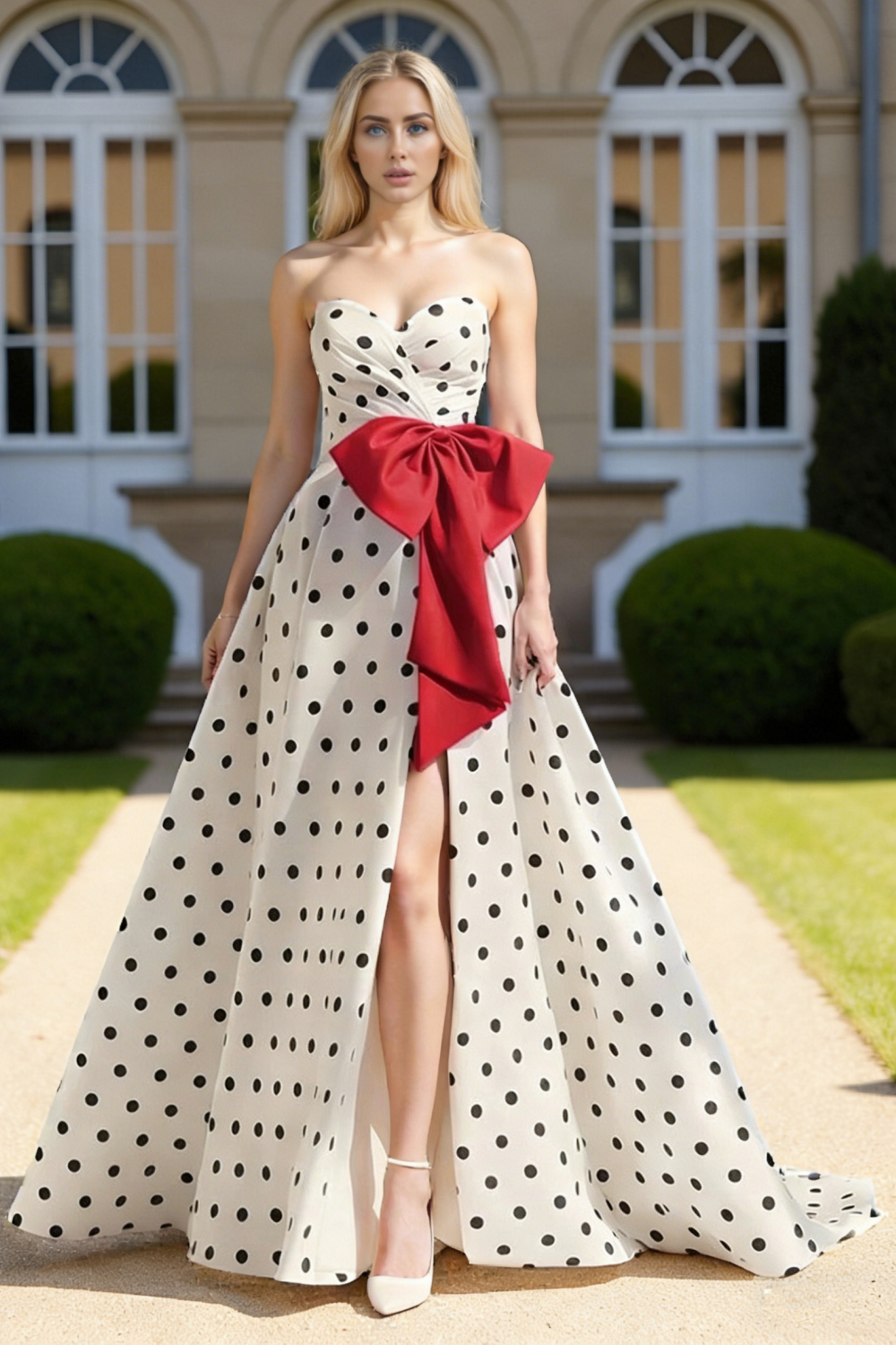 Dressime Trendy A Line Strapless Polka Dots Slit Long Prom Dress With Bowknot