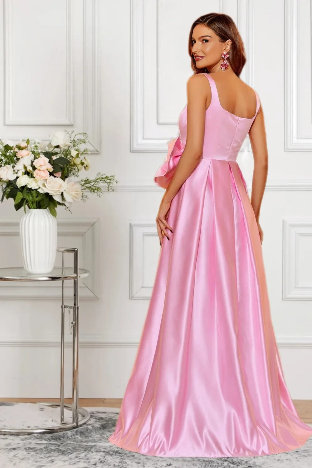 Dressime Unique A Line Straps Satin Long Formal Dress With Bow