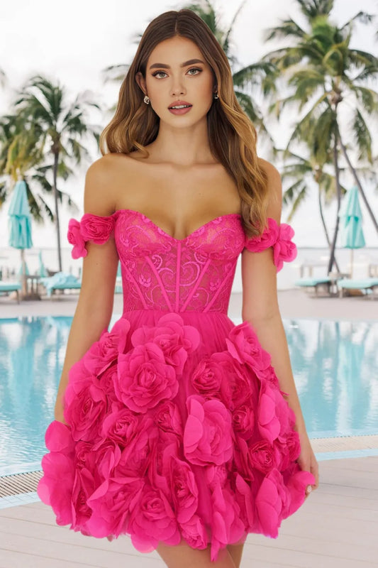 Dressime V Neck Lace Short/Mini Homecoming Dress With 3D Flower