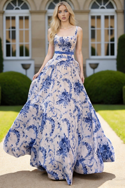 Dressime Vibrant A Line Square Neck Floral Printed Long Prom Dress