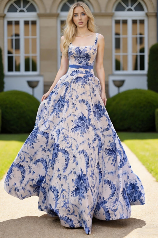 Dressime Vibrant A Line Square Neck Floral Printed Long Prom Dress