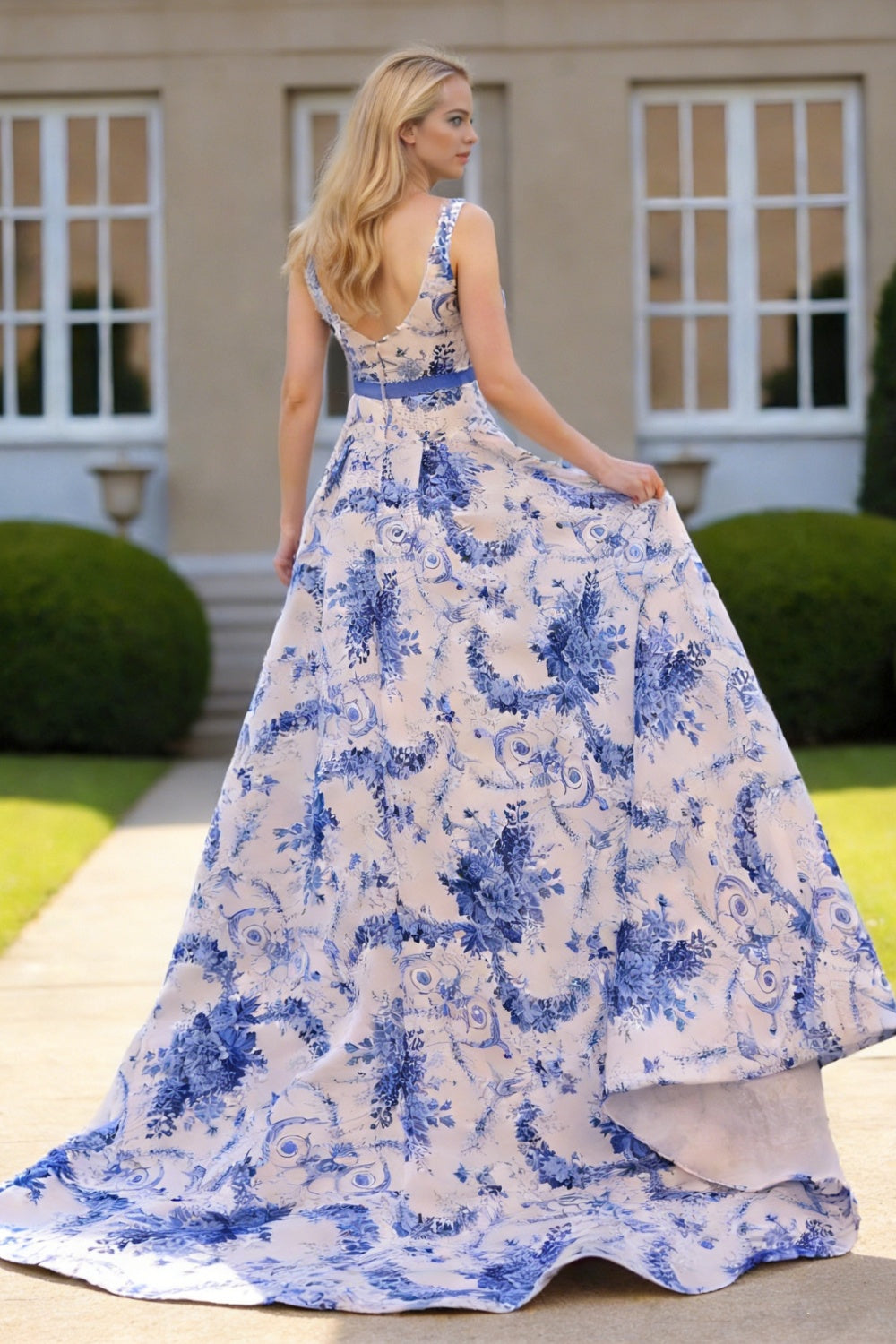 Dressime Vibrant A Line Square Neck Floral Printed Long Prom Dress