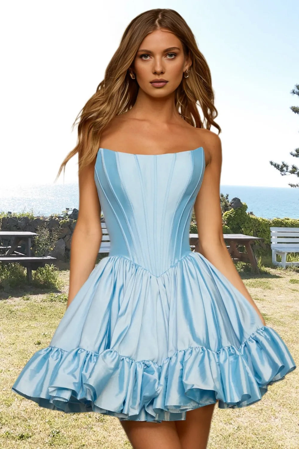 Dressime Woman's Cute Pink Homecoming Dress A Line Strapless Satin Corset Bodice Ruffled Mini Cocktail Dress dressime Dressime Woman's Cute Pink Homecoming Dress A Line Strapless Satin Corset Bodice Ruffled Mini Cocktail Dress dressime