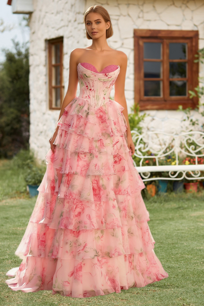 Dressime Vibrant A Line Sweetheart Appliques Corset Floral Printed Long Tiered Prom Dress With Slit