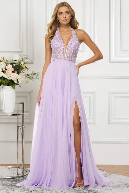 Dressime Vintage A Line Halter Chiffon Lace Appliques Long Prom Dress