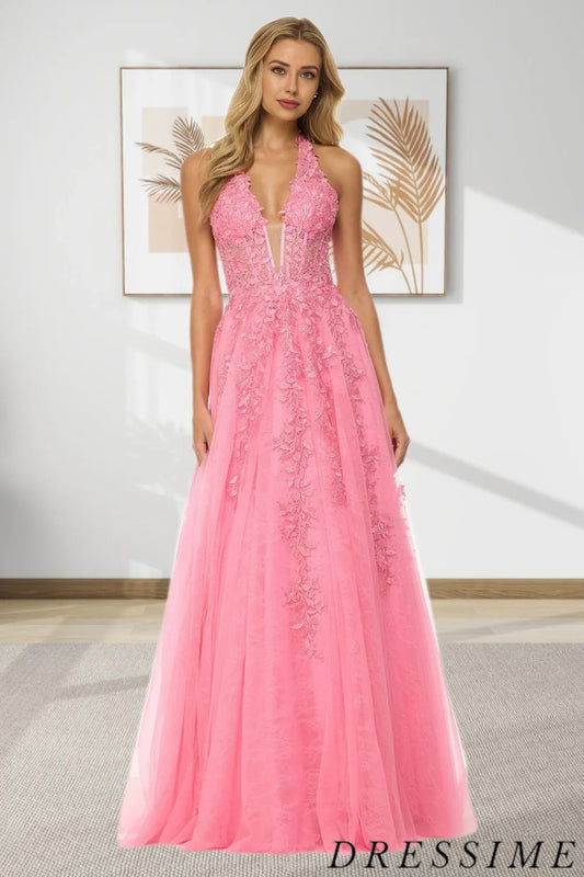 Dressime Vintage A Line Halter Tulle Long Prom Dress With Appliques