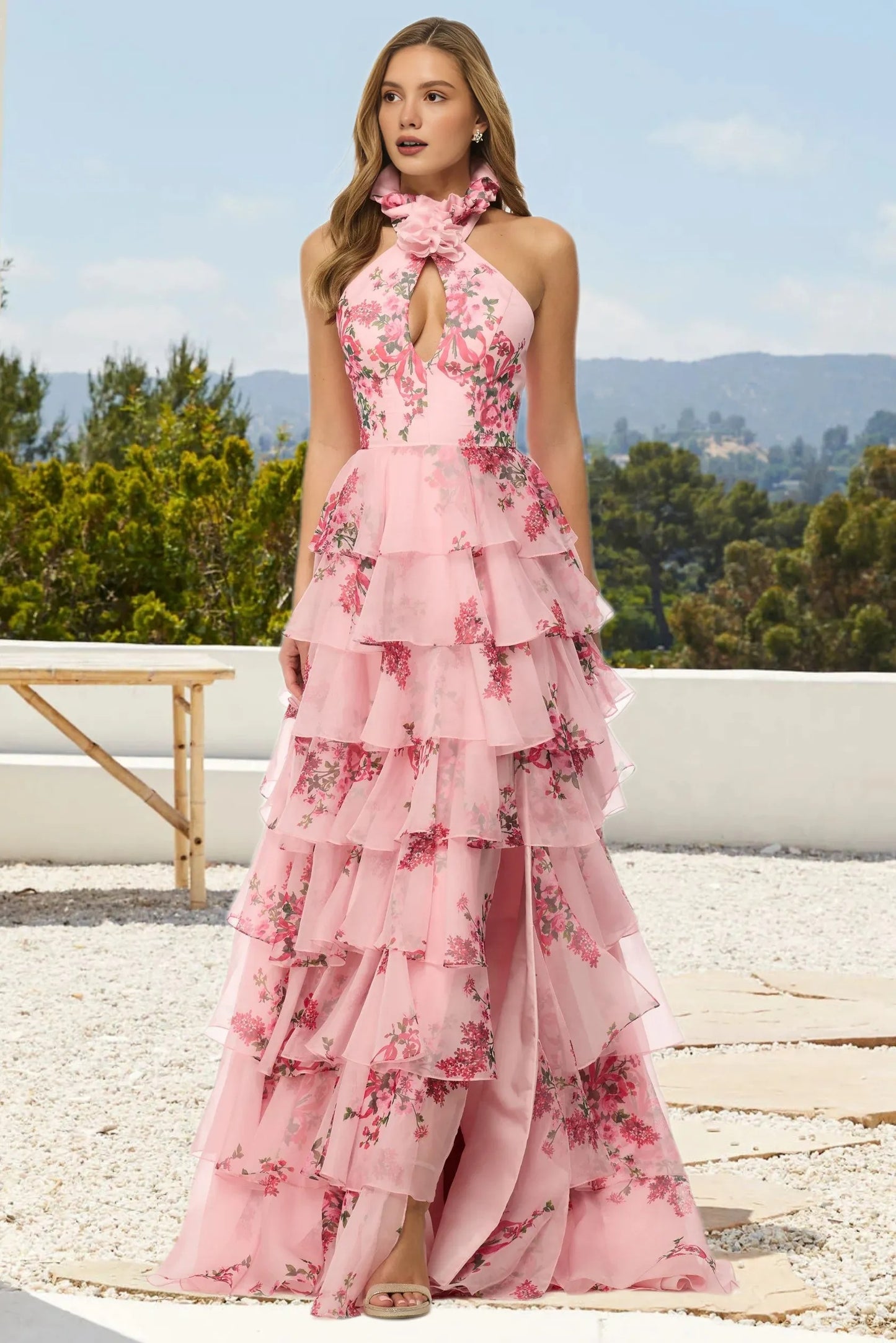 Dressime Vintage A Line Hlater Printed Tiered Prom Dress
