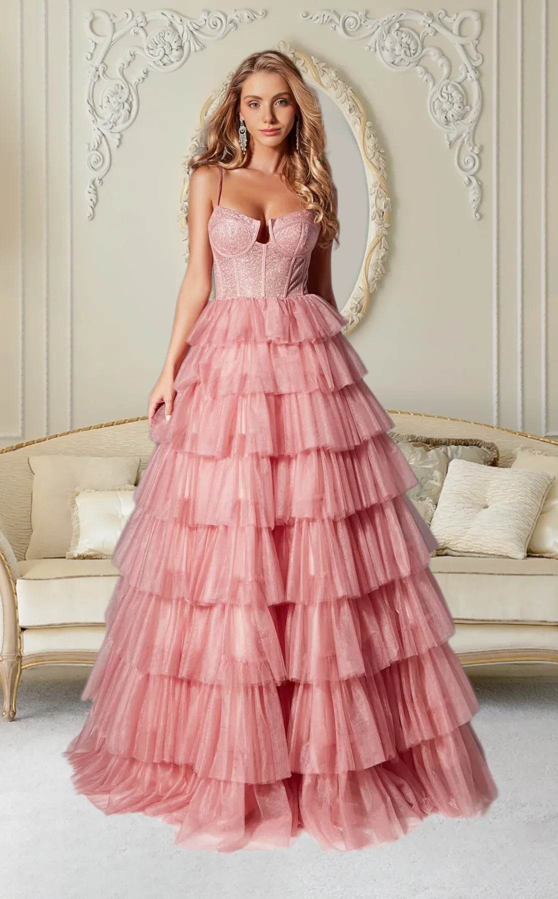 Dressime Women's Pink Prom Dress Vintage A Line Spaghetti Straps Tulle Tiered Evening Dress dressime Dressime Women's Pink Prom Dress Vintage A Line Spaghetti Straps Tulle Tiered Evening Dress dressime