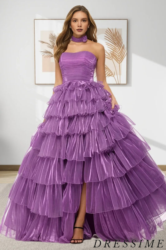 Dressime Vintage A Line Strapless Tiered Long Prom Dress