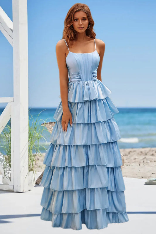 Dressime Vintage A Line Sweetheart Satin Tiered Long Prom Dress With Bow