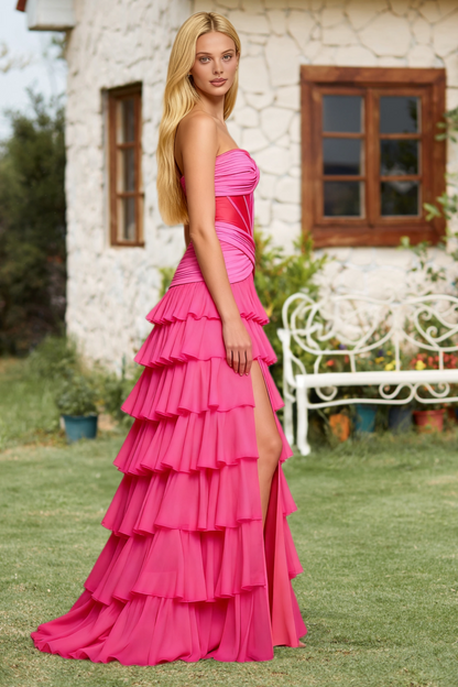 Dressime Vintage Mermaid Sweetheart Ruffles Tiered Long Prom Dress With Slit