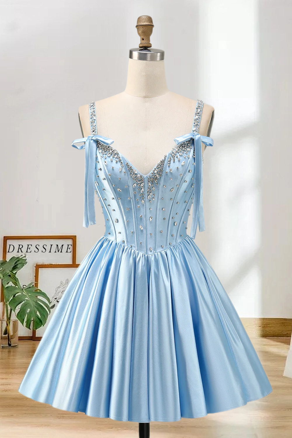 Dressime A Line Bow Shoulder Straps Beaded Satin Mini Homecoming Dress