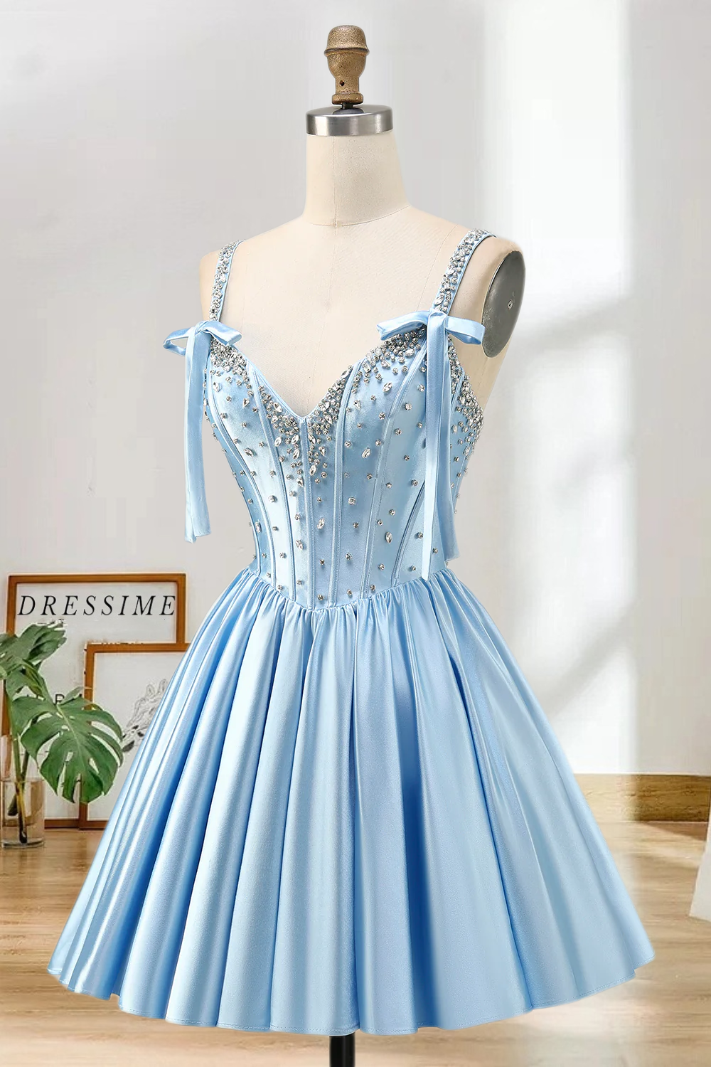 Dressime A Line Bow Shoulder Straps Beaded Satin Mini Homecoming Dress