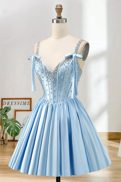 Dressime A Line Bow Shoulder Straps Beaded Satin Mini Homecoming Dress