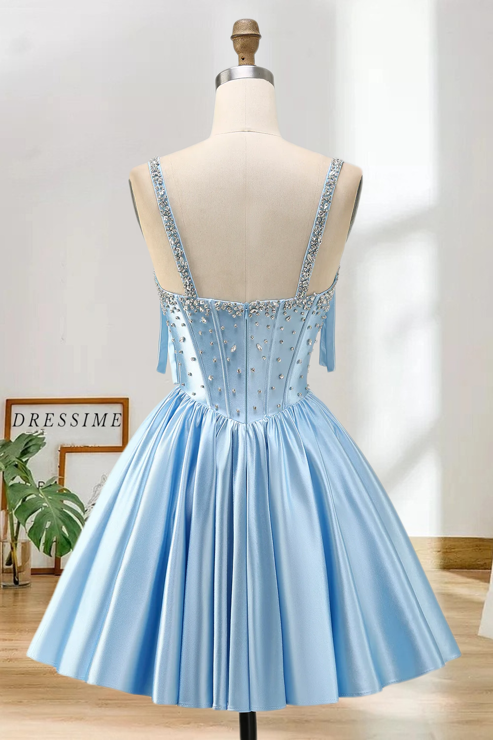 Dressime A Line Bow Shoulder Straps Beaded Satin Mini Homecoming Dress
