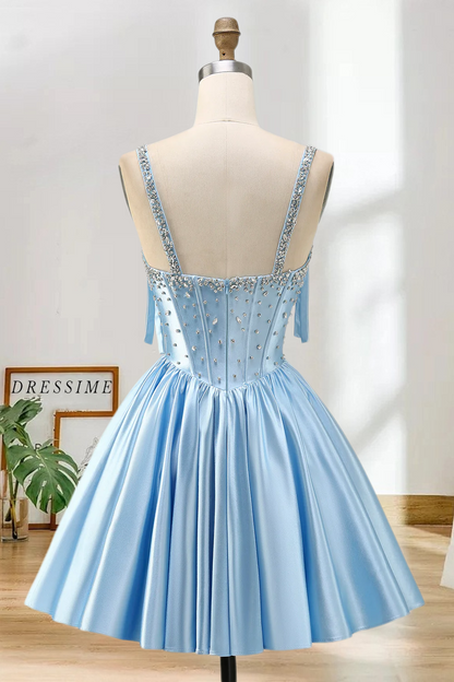 Dressime A Line Bow Shoulder Straps Beaded Satin Mini Homecoming Dress