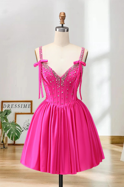 Dressime A Line Bow Shoulder Straps Beaded Satin Mini Homecoming Dress