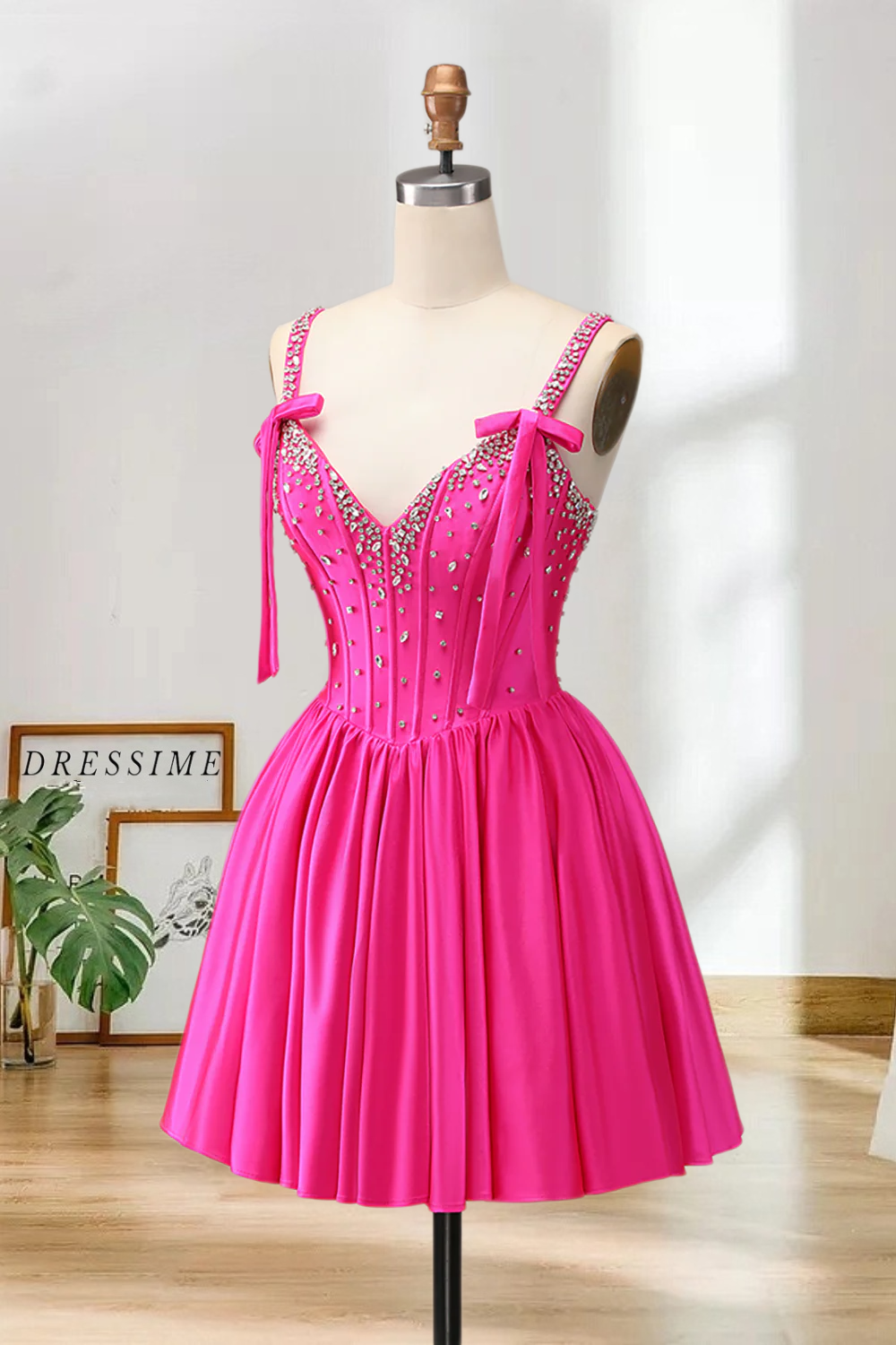 Dressime A Line Bow Shoulder Straps Beaded Satin Mini Homecoming Dress