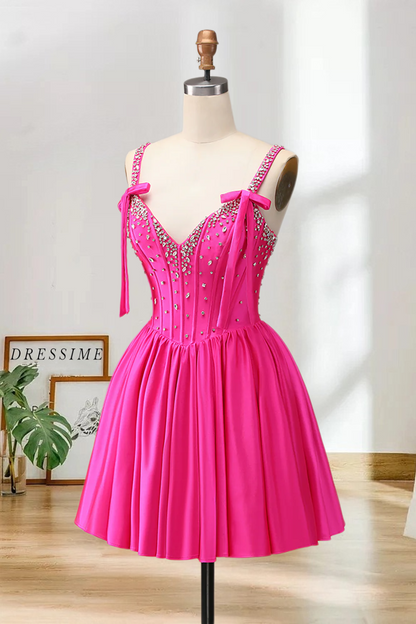 Dressime A Line Bow Shoulder Straps Beaded Satin Mini Homecoming Dress