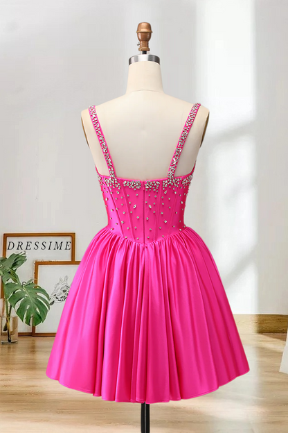 Dressime A Line Bow Shoulder Straps Beaded Satin Mini Homecoming Dress
