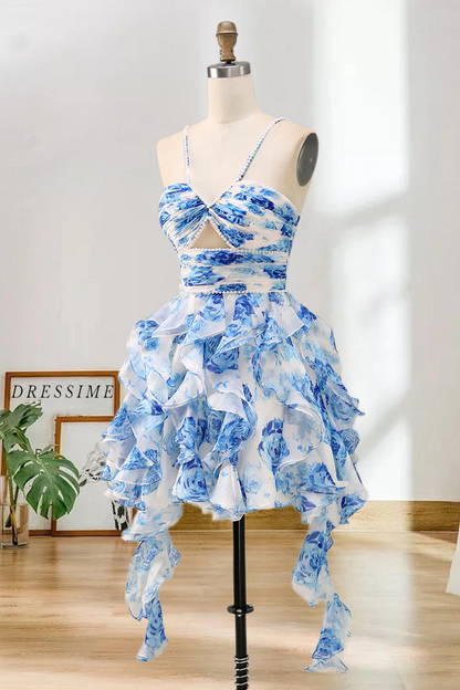 Dressime A Line Halter Neck Pearls Printed Tiered Ruffled Mini Homecoming Dress