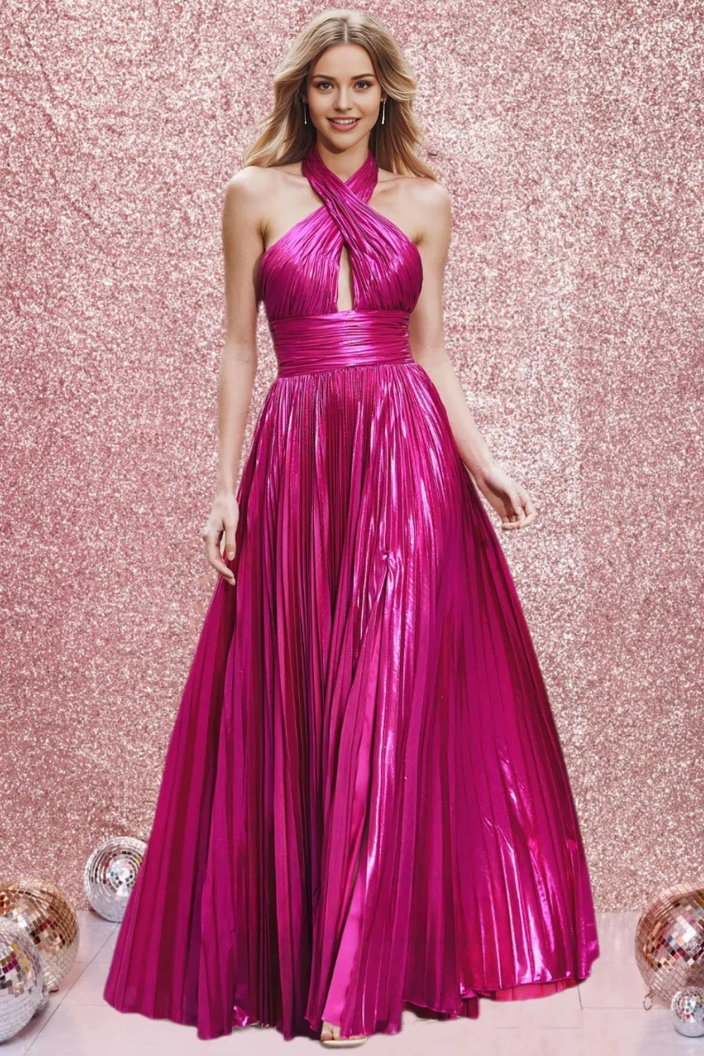 Dressime A Line Halter Satin Keyhole Long Prom Dress