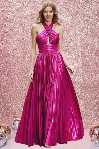 Dressime A Line Halter Satin Keyhole Long Prom Dress